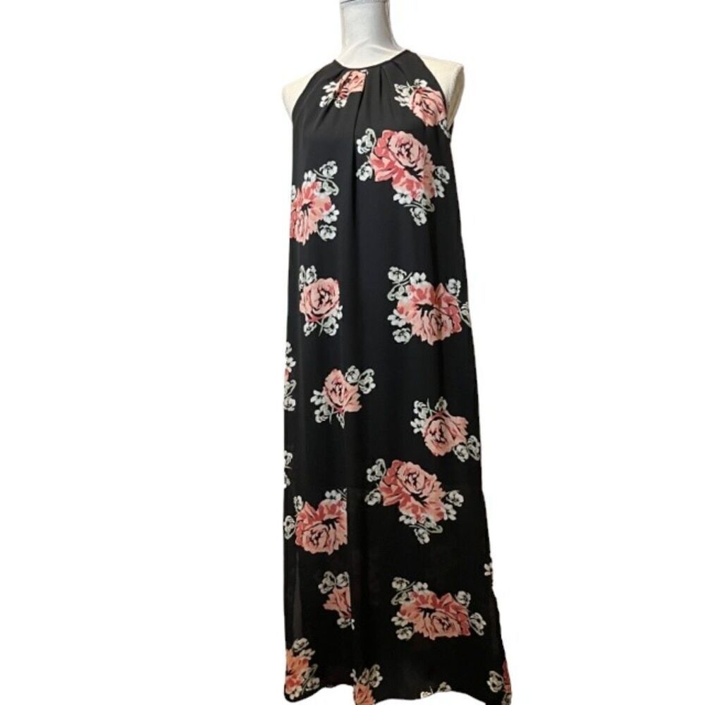 Katherine Barclay Sleeveless High Neck Pintuck Black Floral Maxi Dress Size 4